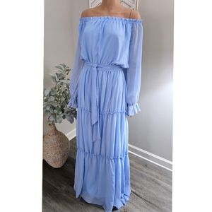 Faeriesty Ski Blue Off Shoulder Long Sleeves Tiered Waist Tie Maxi Dress 4XL